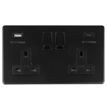 Click Here To Enlarge This Photo Of ECMB2USBCB - Eurolite 2 Gang 13Amp DP Switched Socket with 3&period;1Amp USB Outlets &lpar;1x Type A &plus; 1x Type C&rpar; on 3mm Flat Concealed Matt Black Plate with Black Rockers