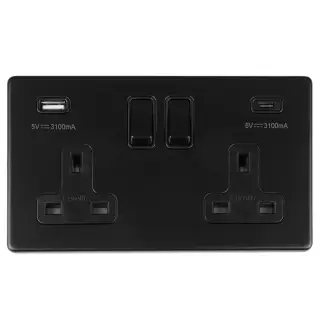 ECMB2USBCB - Eurolite 2 Gang 13Amp DP Switched Socket with 3&period;1Amp USB Outlets &lpar;1x Type A &plus; 1x Type C&rpar; on 3mm Flat Concealed Matt Black Plate with Black Rockers