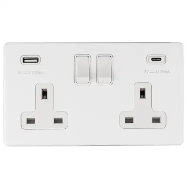 Click Here To Enlarge This Photo Of ECW2USBCW - Eurolite 2 Gang 13Amp DP Switched Socket with 3&period;1Amp USB Outlets &lpar;1x Type A &plus; 1x Type C&rpar; on 3mm Flat Concealed Matt White Plate with White Rockers