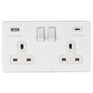 ECW2USBCW - Eurolite 2 Gang 13Amp DP Switched Socket with 3&period;1Amp USB Outlets &lpar;1x Type A &plus; 1x Type C&rpar; on 3mm Flat Concealed Matt White Plate with White Rockers
