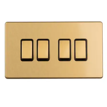 Click Here To Enlarge This Photo Of ECSB4SWB - Eurolite 4 Gang 10Amp 2Way Switch on 3mm Flat Concealed Satin Brass Plate with Black Rockers
