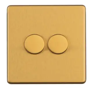 ECSB2DLED - Eurolite 2 Gang LED Push On&sol;Off 2Way Dimmer on 3mm Flat Concealed Satin Brass Plate