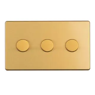 ECSB3DLED - Eurolite 3 Gang LED Push On&sol;Off 2Way Dimmer on 3mm Flat Concealed Satin Brass Plate