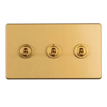 Click Here To Enlarge This Photo Of ECSBT3SW - Eurolite 3 Gang 10Amp 2Way Toggle Switch on 3mm Flat Concealed Satin Brass Plate with Black Rockers