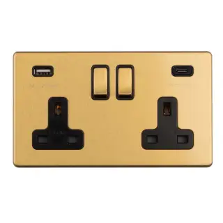 ECSB2USBCB - Eurolite 2 Gang 13Amp DP Switched Socket with 3&period;1Amp USB Outlet &lpar;1x Type A &plus; 1x Type C&rpar; on 3mm Flat Concealed Satin Brass Plate with Matching Rocker