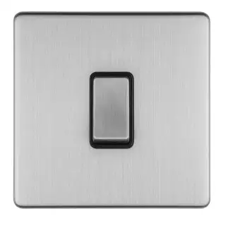 ECSS1SWB - Eurolite 1 Gang 10Amp 2Way Switch on 3mm Flat Concealed Satin Stainless Plate with Matching Rocker & Black Trim