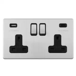 ECSS2USBCB - Eurolite 2 Gang 13Amp DP Switched Socket with 3&period;1Amp USB Outlet &lpar;1x Type A &plus; 1x Type C&rpar; on 3mm Flat Concealed Satin Stainless Steel Plate with Black Trim