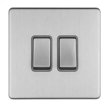 Click Here To Enlarge This Photo Of ECSS2SWG - Eurolite 2 Gang 10Amp 2Way Switch on 3mm Flat Concealed Satin Stainless Plate with Matching Rocker & Grey Trim