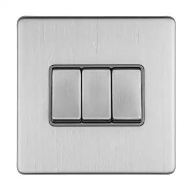 Click Here To Enlarge This Photo Of ECSS3SWG - Eurolite 3 Gang 10Amp 2Way Switch on 3mm Flat Concealed Satin Stainless Plate with Matching Rocker & Grey Trim