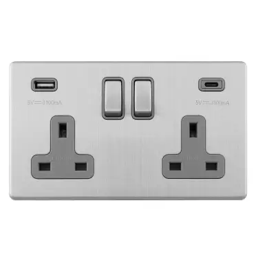 Click Here To Enlarge This Photo Of ECSS2USBCG - Eurolite 2 Gang 13Amp DP Switched Socket with 3&period;1Amp USB Outlets &lpar;1x Type A &plus; 1x Type C&rpar; Matching Rocker & Grey Trim