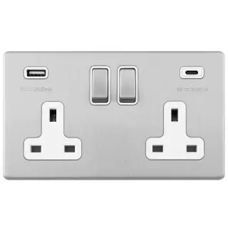 ECSS2USBCW - Eurolite 2 Gang 13Amp DP Switched Socket on 3mm Flat Concealed Satin Stainless Plate with 3&period;1Amp USB Outlets &lpar;1x Type A &plus; 1x Type C&rpar; Matching Rocker with White Trim