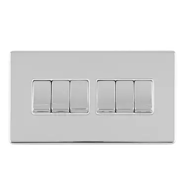 Click Here To Enlarge This Photo Of ECPC6SWW - Eurolite 6 Gang 10Amp 2Way Switch on 3mm Flat Concealed Polished Chrome Plate with Matching Rockers & White Trim