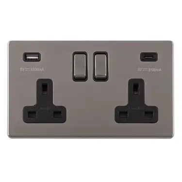 Click Here To Enlarge This Photo Of ECBN2USBCB - Eurolite 2 Gang 13Amp DP Switched Socket on 3mm Flat Concealed Black Nickel Plate with 3&period;1Amp USB Outlets &lpar;1x Type A &plus; 1x Type C&rpar; Matching Rocker with Black Trim