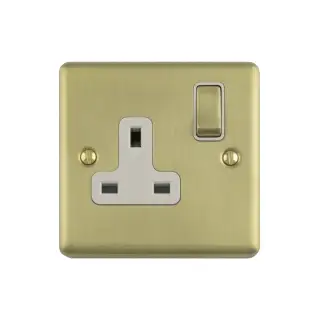 EN1SOSBW - Eurolite 1 Gang 13Amp DP Switched Socket Satin Brass with White Trim &lpar;Enhance Range&rpar;