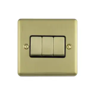 EN3SWSBB - Eurolite 3 Gang 10Amp 2Way Switch Satin Brass with Black Trim &lpar;Enhance Range&rpar;