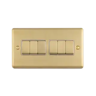 EN6SWSBW - Eurolite 6 Gang 10Amp 2Way Switch Satin Brass with White Trim &lpar;Enhance Range&rpar;