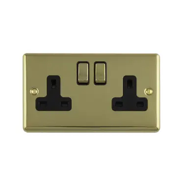 Click Here To Enlarge This Photo Of EN2SOPBB - Eurolite 2 Gang 13Amp DP Switched Socket Polished Brass with Black Trim &lpar;Enhance Range&rpar;