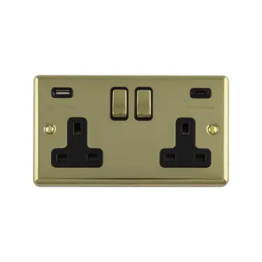 Click Here To Enlarge This Photo Of EN2USBCPBB - Eurolite 2 Gang 13Amp Switched Socket with 3&period;1Amp USB Outlets &lpar;1x Type A &plus; 1x Type C&rpar; Satin Brass with Black Trim &lpar;Enhance Range&rpar;