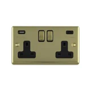 EN2USBCPBB - Eurolite 2 Gang 13Amp Switched Socket with 3&period;1Amp USB Outlets &lpar;1x Type A &plus; 1x Type C&rpar; Satin Brass with Black Trim &lpar;Enhance Range&rpar;
