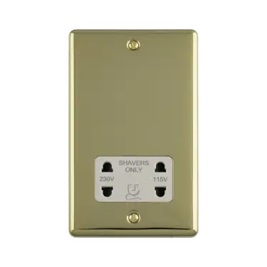 Click Here To Enlarge This Photo Of ENSHSPBW - Eurolite 2 Gang Shaver Socket 230&sol;115V Polished Brass with White Trim &lpar;Enhance Range&rpar;