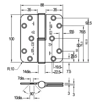 Click Here To Enlarge This Photo Of H101-RR-BZP Royde & Tucker 100mm x 88mm x 3mm Grade 11 Hi-Load Two Knuckle Lift Off Butt Hinge &lpar;Right Hand&rpar; Bright Zinc Plated