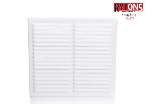 Click Here To Enlarge This Photo Of LV205FWH Rytons 9" x 9" White Plastic Louvred Vent c&sol;w Flyscreen