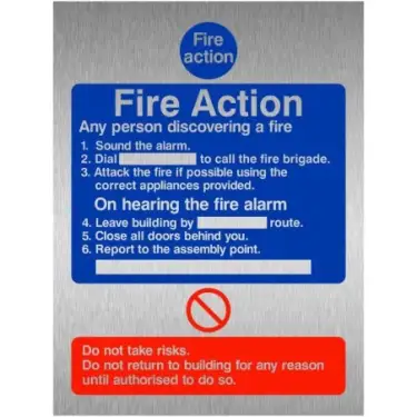 Click Here To Enlarge This Photo Of Brushed Aluminium &lpar;3mm&rpar; 6 Point Fire Action Notice Sign