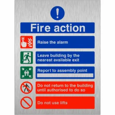 Click Here To Enlarge This Photo Of Brushed Aluminium &lpar;3mm&rpar; 5 Point Fire Action Notice Sign - Do Not Use Lifts