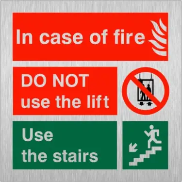 Click Here To Enlarge This Photo Of Brushed Aluminium &lpar;3mm&rpar; In Case Of Fire Do Not Use The Lift - Use The Stairs Fire Action Notice Sign - 150mm x 150mm