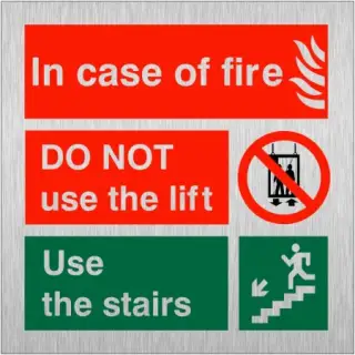 Brushed Aluminium &lpar;3mm&rpar; In Case Of Fire Do Not Use The Lift - Use The Stairs Fire Action Notice Sign - 150mm x 150mm