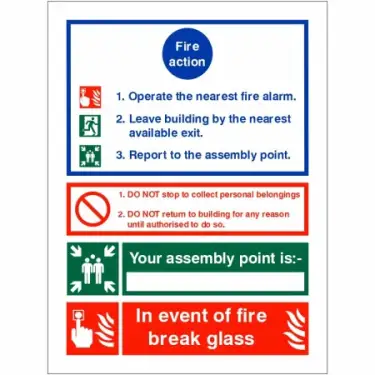 Click Here To Enlarge This Photo Of Rigid Plastic &lpar;1mm&rpar; 3 Point Fire Action Notice Sign - "In Event Of Fire Break Glass" &lpar;Writable&rpar;