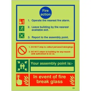 Photoluminescent &lpar;Glow in the Dark&rpar; Self Adhesive &lpar;Class C&rpar; 3 Point Fire Action Notice Sign - "In Event Of Fire Break Glass" &lpar;Writable&rpar;