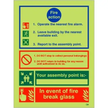 Click Here To Enlarge This Photo Of Photoluminescent &lpar;Glow in the Dark&rpar; Rigid Plastic &lpar;Class C&rpar; 3 Point Fire Action Notice Sign - "In Event Of Fire Break Glass" &lpar;Writable&rpar;
