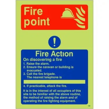 Click Here To Enlarge This Photo Of Photoluminescent &lpar;Glow in the Dark&rpar; Self Adhesive &lpar;Class C&rpar; 4 Point Fire Action Notice Sign For Caravans - "On Discovering a Fire"