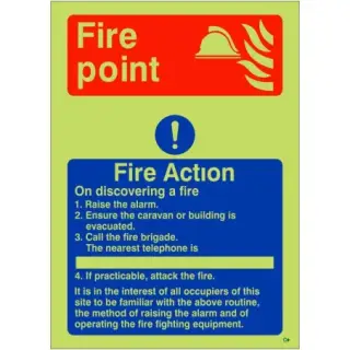 Photoluminescent &lpar;Glow in the Dark&rpar; Rigid Plastic &lpar;Class C&rpar; 4 Point Fire Action Notice Sign For Caravans - "On Discovering a Fire"