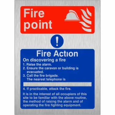 Click Here To Enlarge This Photo Of Brushed Aluminium &lpar;3mm&rpar; 4 Point Fire Action Notice Sign For Caravans - "On Discovering a Fire"