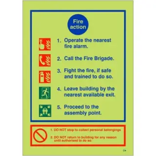 Photoluminescent &lpar;Glow in the Dark&rpar; Rigid Plastic &lpar;Class C&rpar; 5 Point Fire Action Notice Sign