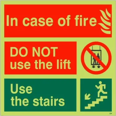 Click Here To Enlarge This Photo Of Photoluminescent &lpar;Glow in the Dark&rpar; Rigid Plastic &lpar;Class C&rpar; In Case Of Fire Do Not Use The Lift - Use The Stairs Fire Action Notice Sign - 150mm x 150mm