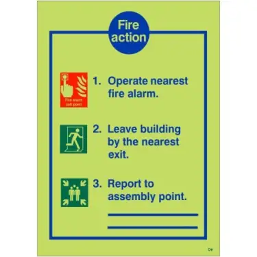 Click Here To Enlarge This Photo Of Photoluminescent &lpar;Glow in the Dark&rpar; Rigid Plastic &lpar;Class C&rpar; 3 Point Fire Action Notice Sign