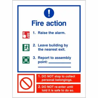 Self Adhesive Vinyl 3 Point Fire Action Notice Sign - Raise The Alarm &lpar;Assembly Pt Writable&rpar;