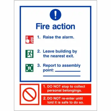 Click Here To Enlarge This Photo Of Rigid Plastic &lpar;1mm&rpar; 3 Point Fire Action Notice Sign - Raise The Alarm &lpar;Assembly Pt Writable&rpar;