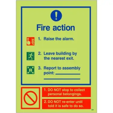 Click Here To Enlarge This Photo Of Photoluminescent &lpar;Glow in the Dark&rpar; Rigid Plastic &lpar;Class C&rpar; 3 Point Fire Action Notice Sign - Raise The Alarm &lpar;Assembly Pt Writable&rpar;