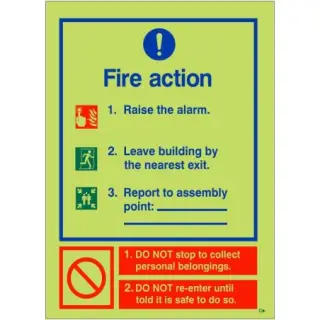 Photoluminescent &lpar;Glow in the Dark&rpar; Rigid Plastic &lpar;Class C&rpar; 3 Point Fire Action Notice Sign - Raise The Alarm &lpar;Assembly Pt Writable&rpar;