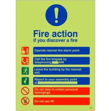 Click Here To Enlarge This Photo Of Photoluminescent &lpar;Glow in the Dark&rpar; Rigid Plastic &lpar;Class C&rpar; Fire Action Notice Sign - "If You Discover a Fire"
