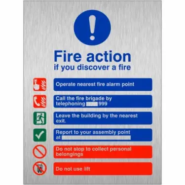 Click Here To Enlarge This Photo Of Brushed Aluminium &lpar;3mm&rpar; Fire Action Notice Sign - "If You Discover a Fire"