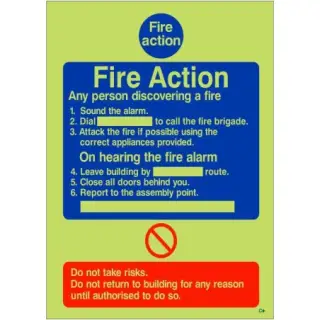 Photoluminescent &lpar;Glow in the Dark&rpar; Self Adhesive &lpar;Class C&rpar; 6 Point Fire Action Notice Sign - Any Person Discovering a Fire