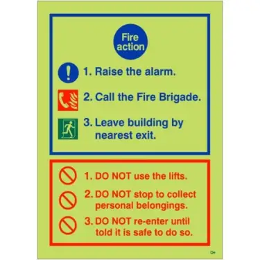 Click Here To Enlarge This Photo Of Photoluminescent &lpar;Glow in the Dark&rpar; Self Adhesive &lpar;Class C&rpar; 3 Point Fire Action Notice Sign - Raise The Alarm