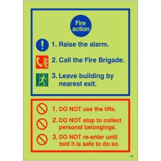 Photoluminescent &lpar;Glow in the Dark&rpar; Self Adhesive &lpar;Class C&rpar; 3 Point Fire Action Notice Sign - Raise The Alarm