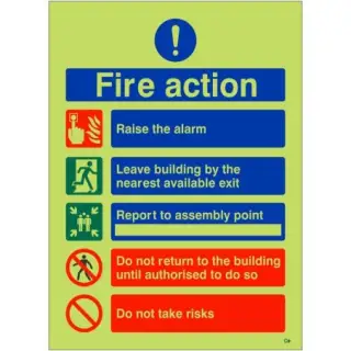Photoluminescent &lpar;Glow in the Dark&rpar; Self Adhesive &lpar;Class C&rpar; Raise The Alarm Fire Action Notice Sign