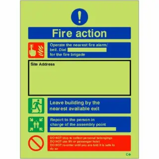 Photoluminescent &lpar;Glow in the Dark&rpar; Rigid Plastic &lpar;Class C&rpar; Fire Action Construction Site Notice Sign